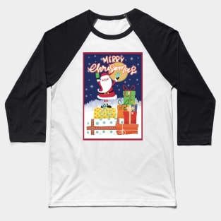 Merry Christmas! Happy Santa standing on a pile of gifts in the snow. Greeting card. Baseball T-Shirt